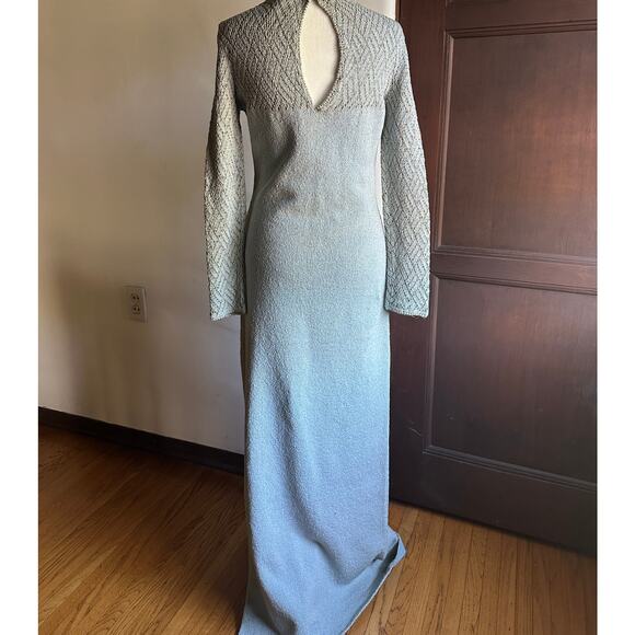 1960s VINTAGE | Unique Light Blue and Gold Knit Long Sleeve Gown | Aprox Small - Picture 3 of 8